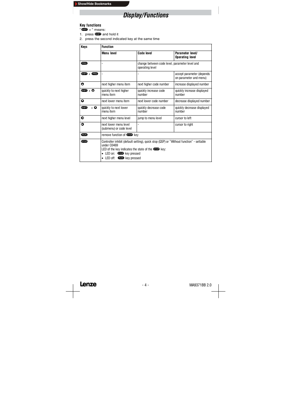 Display/functions | Lenze 9371BB User Manual | Page 12 / 24