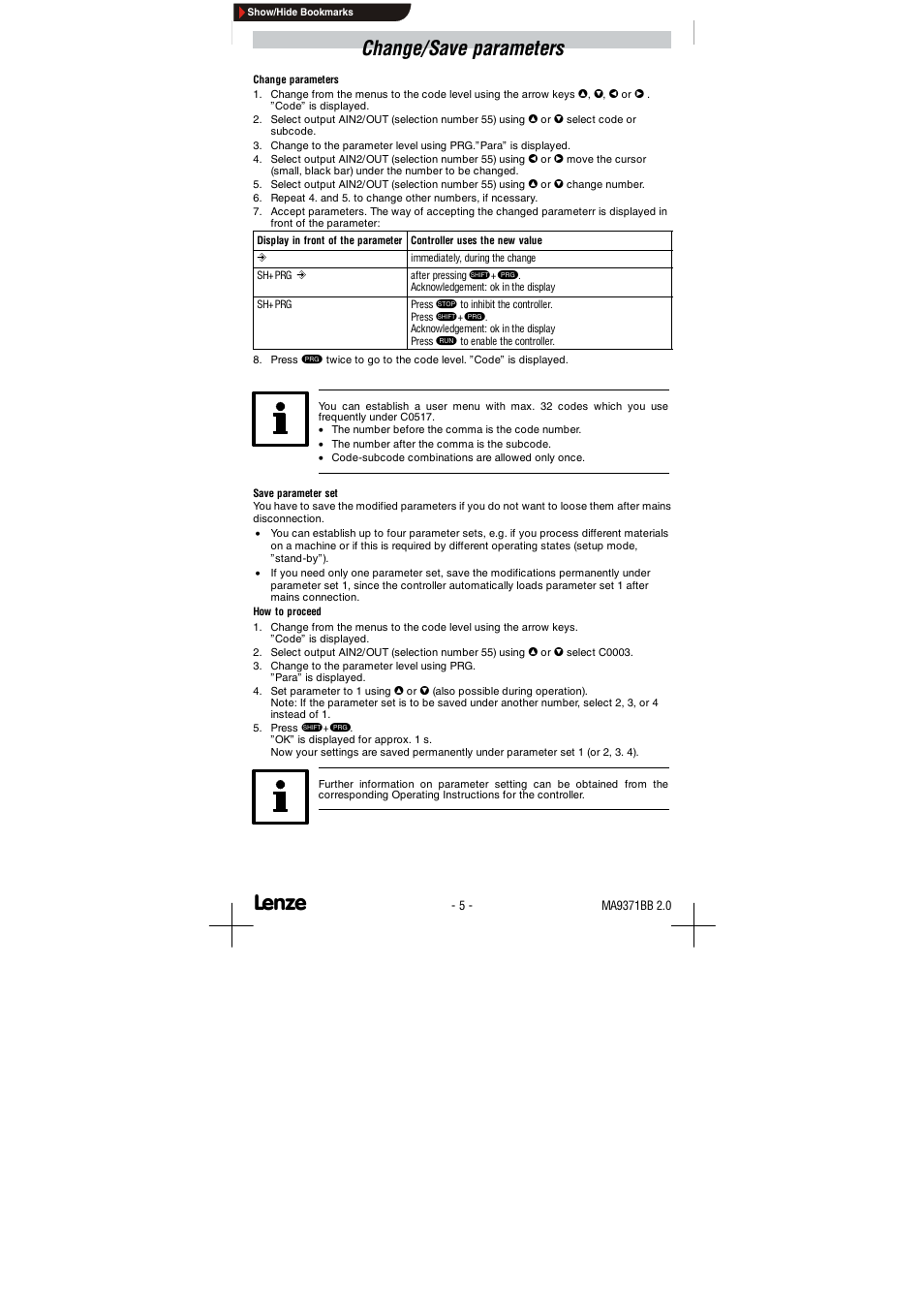 Change/save parameters | Lenze 9371BB User Manual | Page 13 / 24
