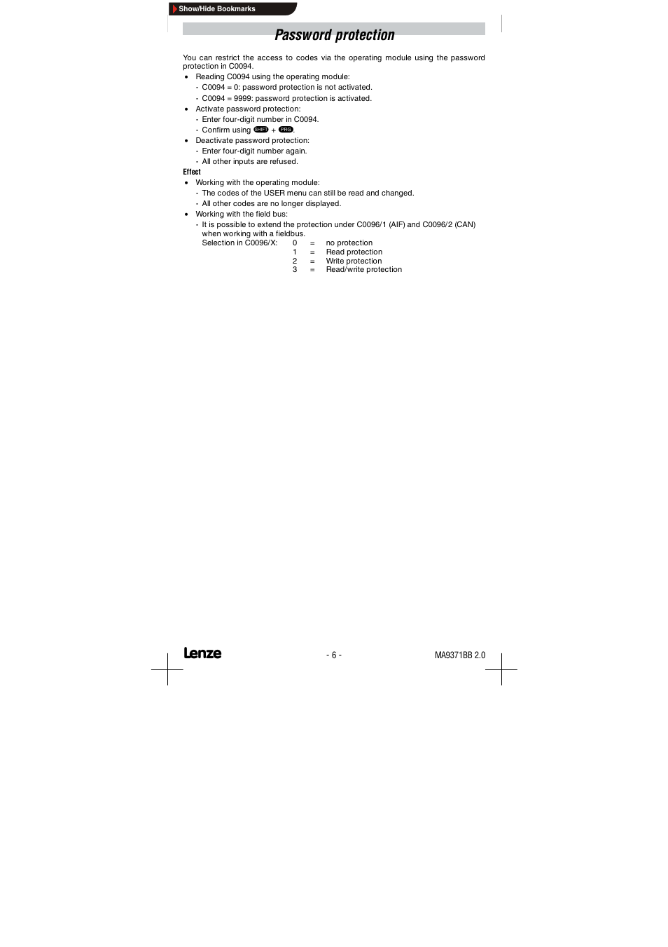 Password protection | Lenze 9371BB User Manual | Page 14 / 24