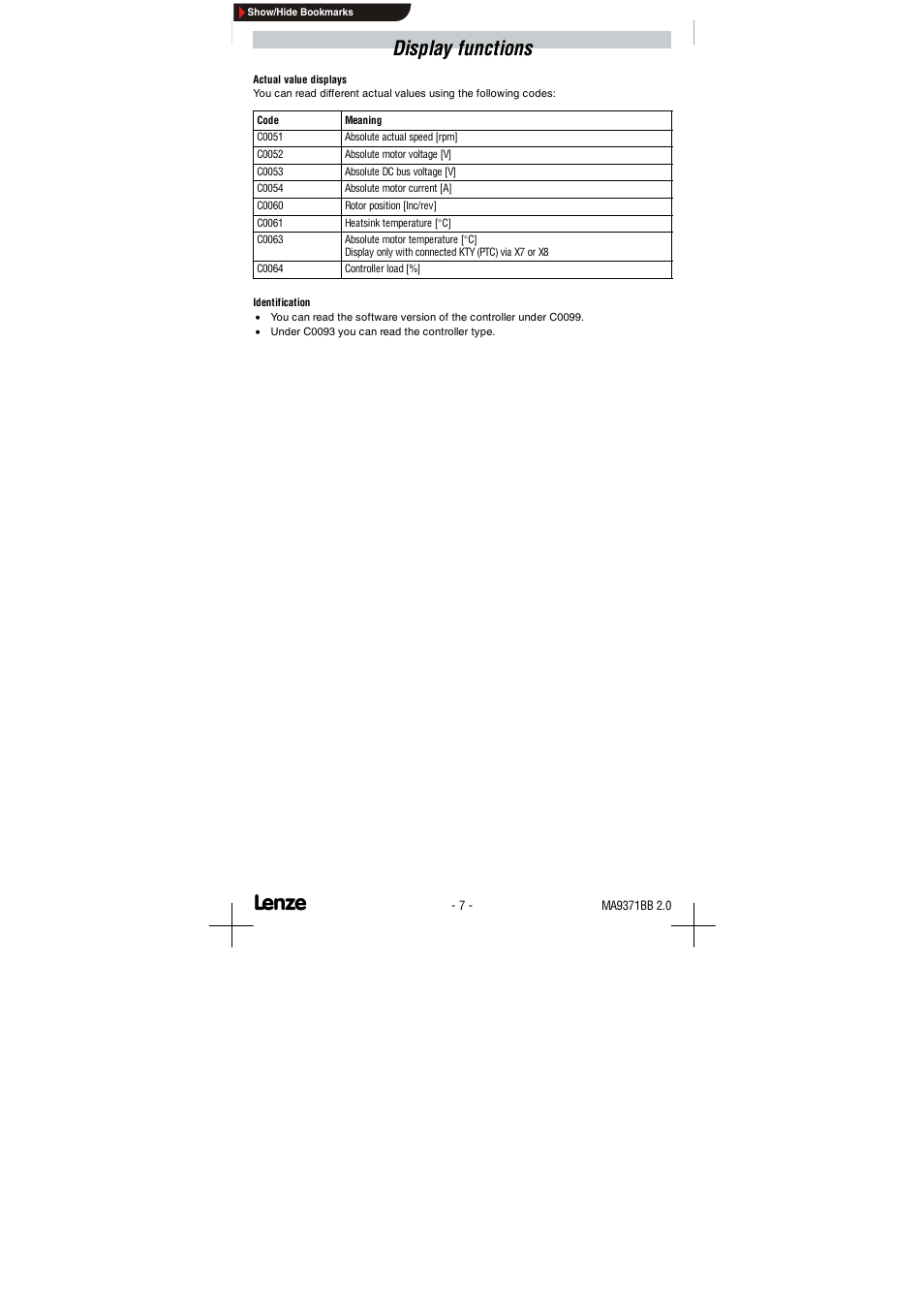 Display functions | Lenze 9371BB User Manual | Page 15 / 24