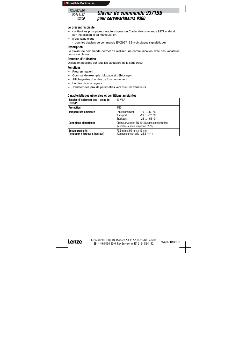 Clavier de commande 9371bb, Pour servovariateurs 9300 | Lenze 9371BB User Manual | Page 17 / 24