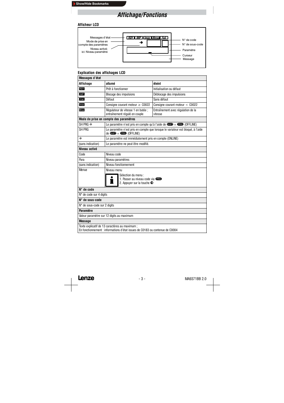Affichage / fonctions, Affichage/fonctions | Lenze 9371BB User Manual | Page 19 / 24