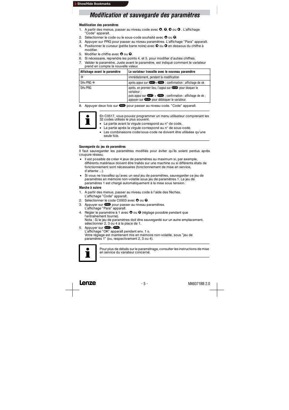 Modification et sauvegarde des paramètres | Lenze 9371BB User Manual | Page 21 / 24