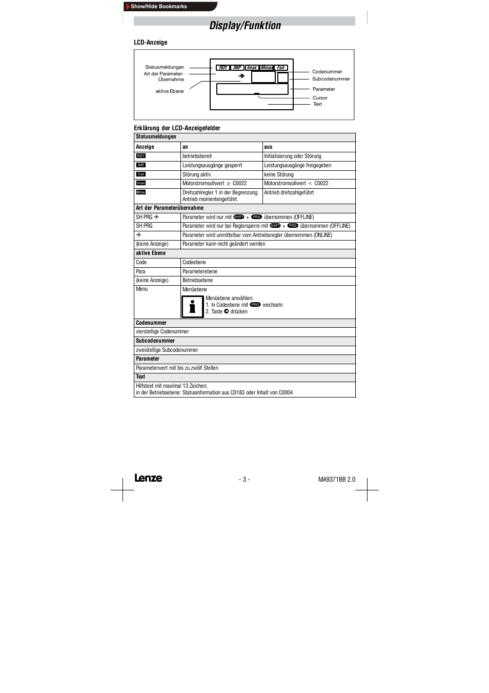 Display / funktion, Display/funktion | Lenze 9371BB User Manual | Page 3 / 24