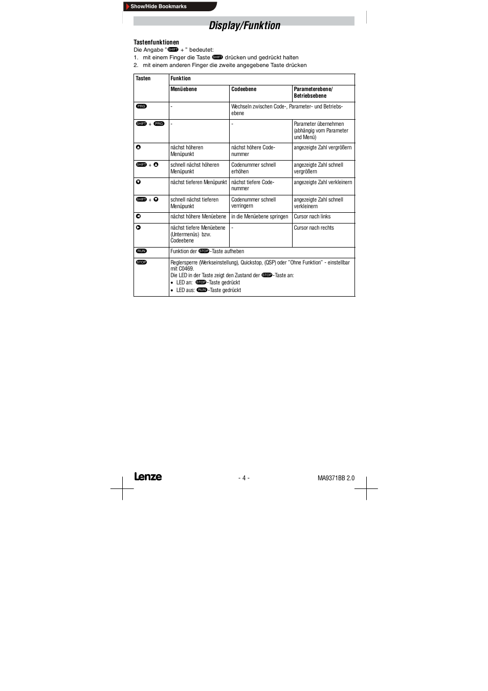 Display/funktion | Lenze 9371BB User Manual | Page 4 / 24