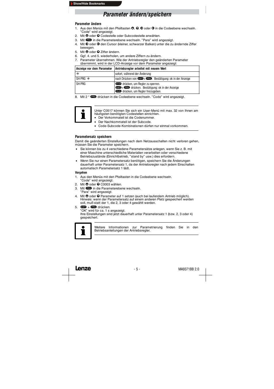Parameter ändern/speichern | Lenze 9371BB User Manual | Page 5 / 24
