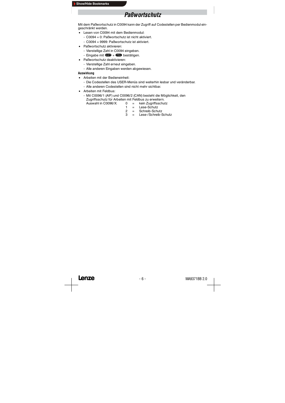 Paßwortschutz | Lenze 9371BB User Manual | Page 6 / 24