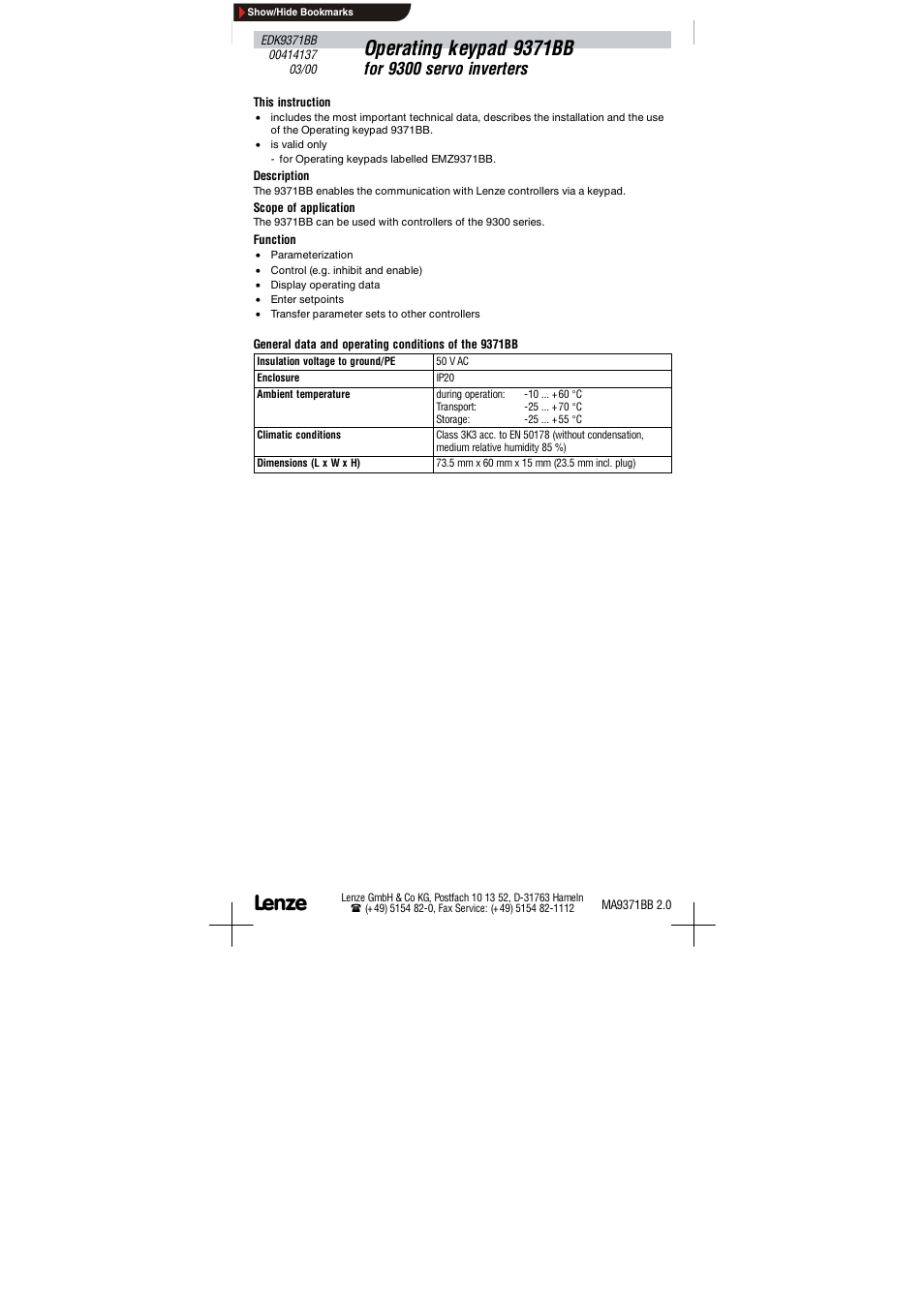 Operating keypad 9371bb for 9300 servo inverters, Operating keypad 9371bb, For 9300 servo inverters | Lenze 9371BB User Manual | Page 9 / 24
