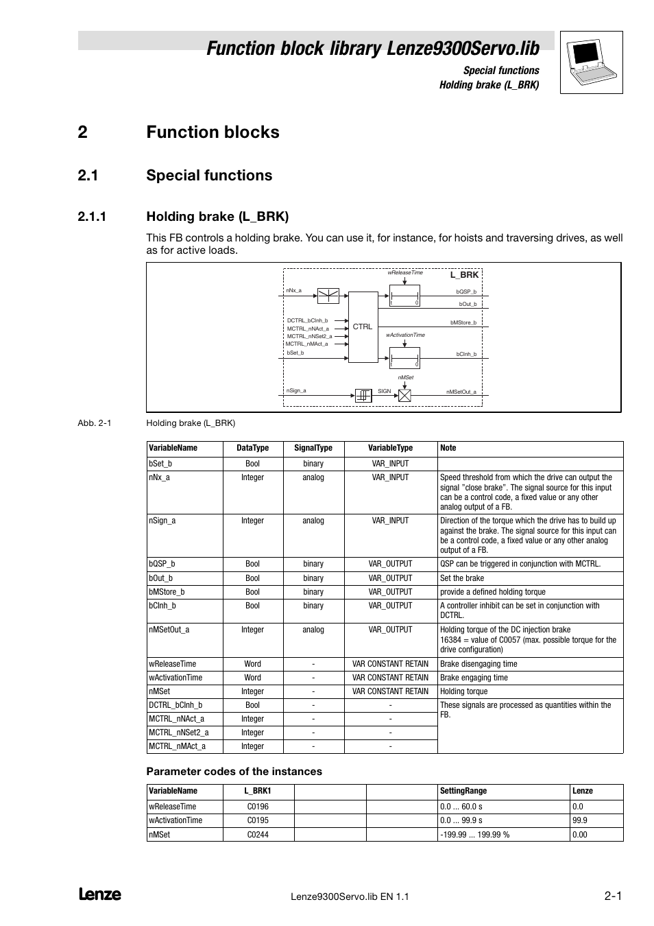 2 function blocks, 1 special functions, 1 holding brake (l_brk) | Special functions, Holding brake (l_brk), Function block library lenze9300servo.lib, 2function blocks, Special functions 2.1.1 holding brake (l_brk), Parameter codes of the instances | Lenze DDS Function library 9300 Servo User Manual | Page 11 / 29