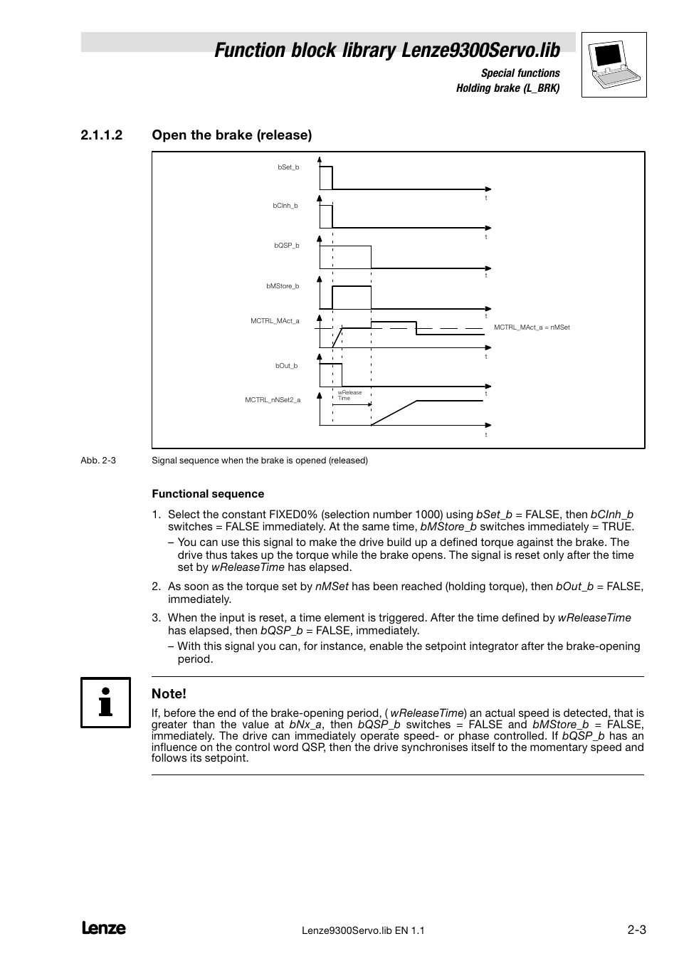 Function block library lenze9300servo.lib, 2 open the brake (release) | Lenze DDS Function library 9300 Servo User Manual | Page 13 / 29
