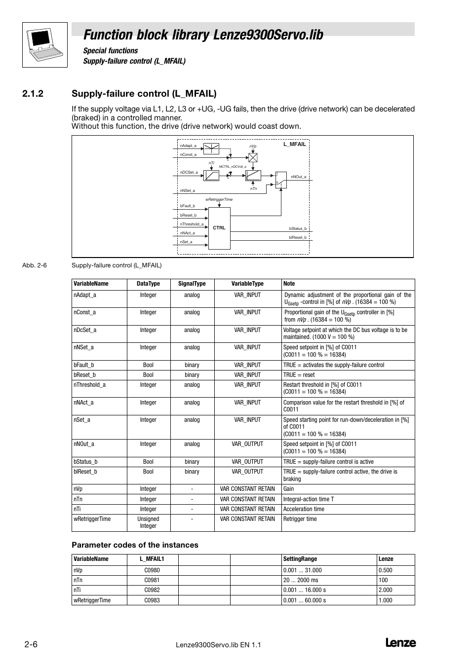 2 supply-failure control (l_mfail), Supply−failure control (l_mfail), Function block library lenze9300servo.lib | 2 supply−failure control (l_mfail), Parameter codes of the instances | Lenze DDS Function library 9300 Servo User Manual | Page 16 / 29