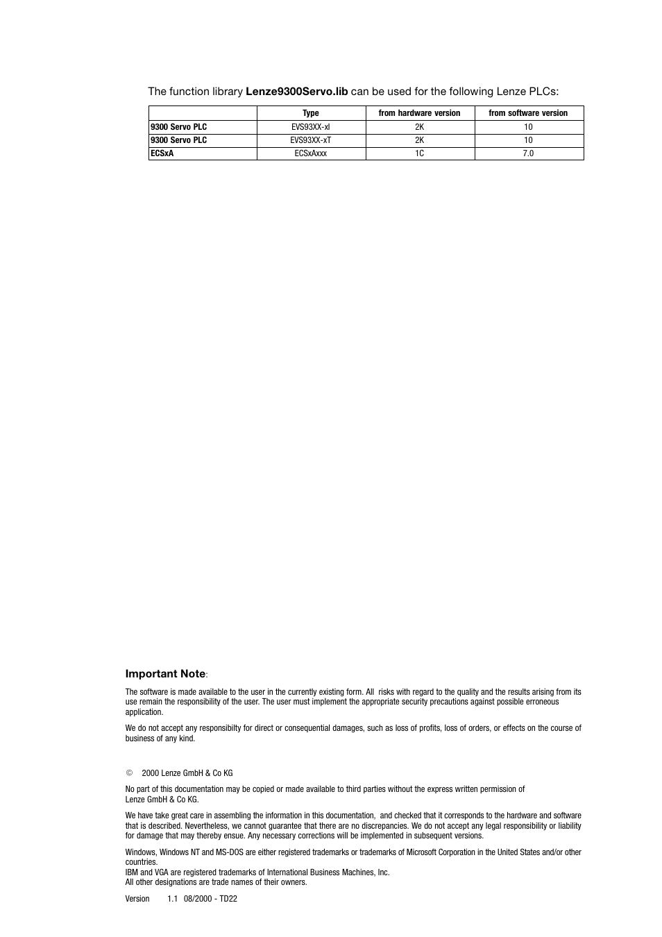 This function library can be used for | Lenze DDS Function library 9300 Servo User Manual | Page 2 / 29
