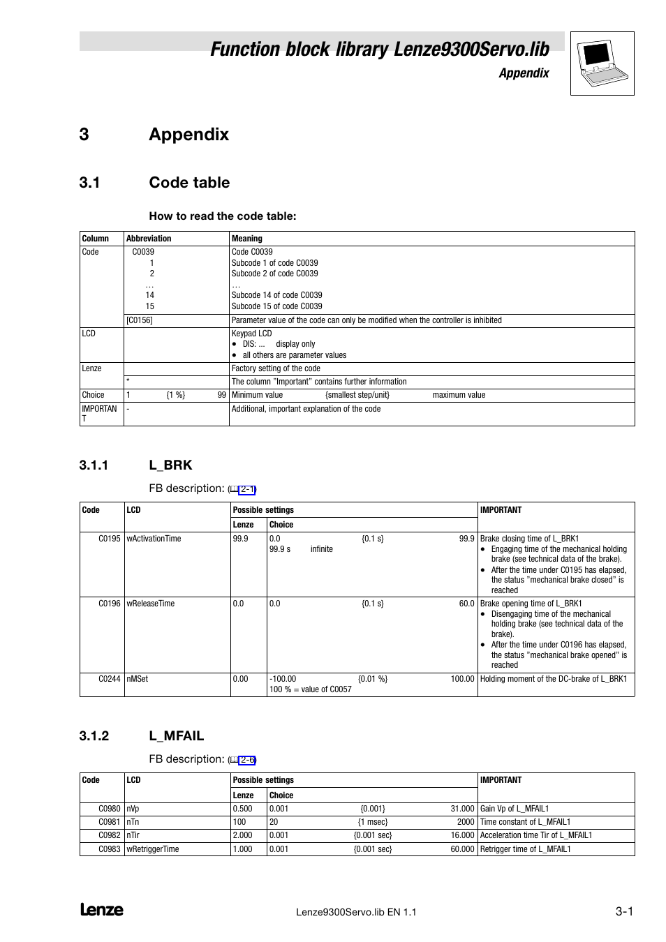 3 appendix, 1 code table, 1 l_brk | 2 l_mfail, Code table, L_brk, L_mfail, Function block library lenze9300servo.lib, 3appendix, Appendix | Lenze DDS Function library 9300 Servo User Manual | Page 27 / 29
