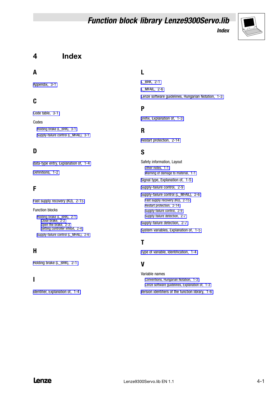 4 index, Function block library lenze9300servo.lib, 4index | Lenze DDS Function library 9300 Servo User Manual | Page 29 / 29
