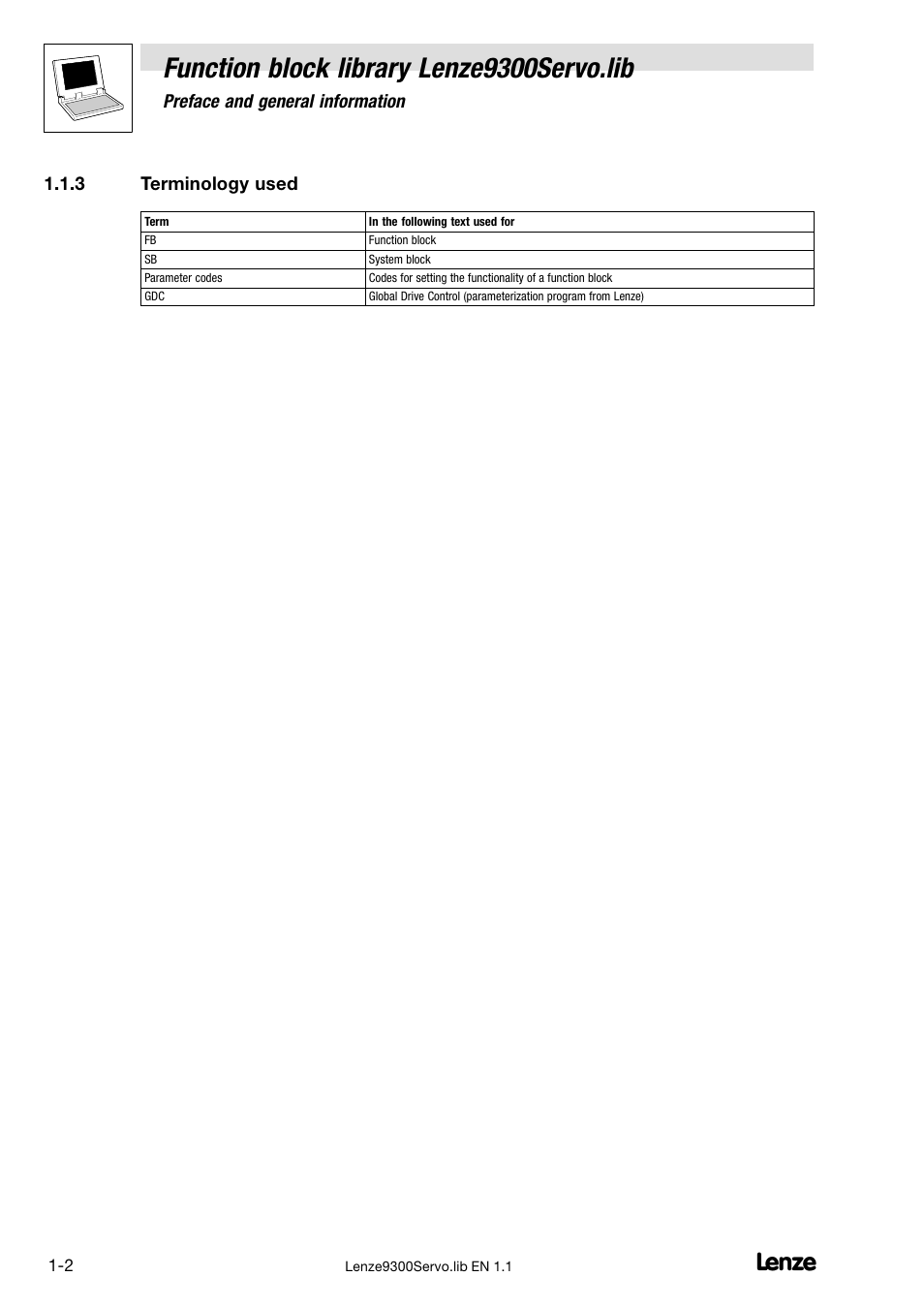 3 terminology used, Terminology used, Function block library lenze9300servo.lib | Preface and general information | Lenze DDS Function library 9300 Servo User Manual | Page 6 / 29