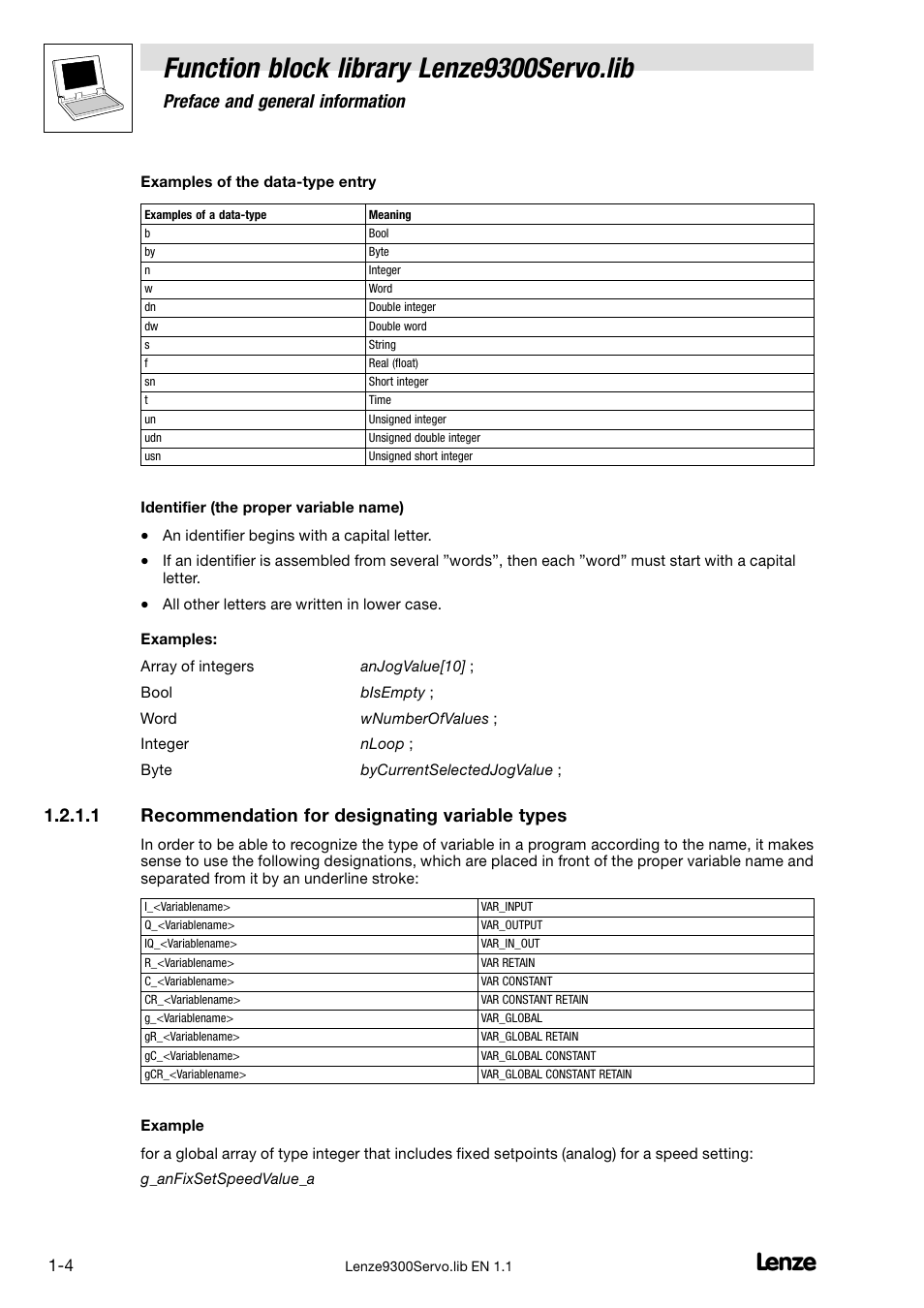 Recommendation for designating variable types, Function block library lenze9300servo.lib, Preface and general information | 1 recommendation for designating variable types | Lenze DDS Function library 9300 Servo User Manual | Page 8 / 29