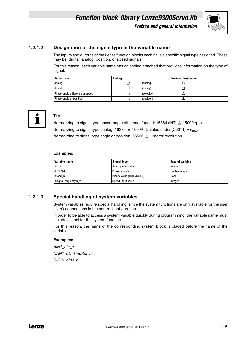 Special handling of system variables, Function block library lenze9300servo.lib, Preface and general information | 3 special handling of system variables | Lenze DDS Function library 9300 Servo User Manual | Page 9 / 29