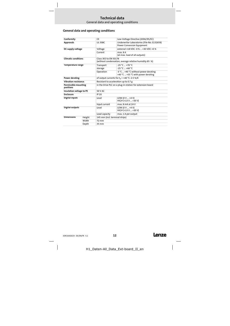 3 technical data, General data and operating conditions, Technical data | Lenze EPZ-10202 User Manual | Page 12 / 26