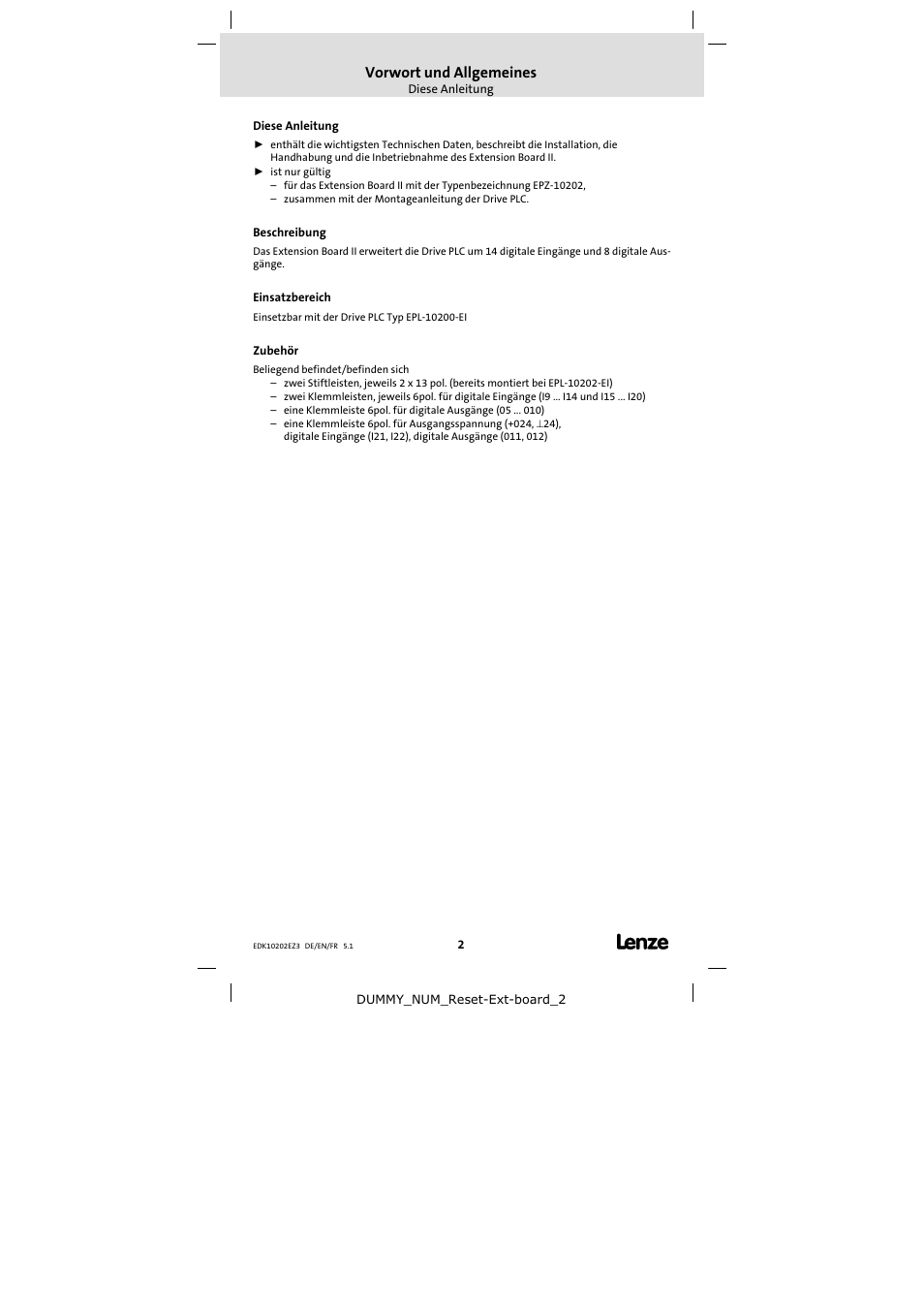 1 vorwort und allgemeines, Diese anleitung, Beschreibung | Einsatzbereich, Zubehör, Vorwort und allgemeines | Lenze EPZ-10202 User Manual | Page 2 / 26