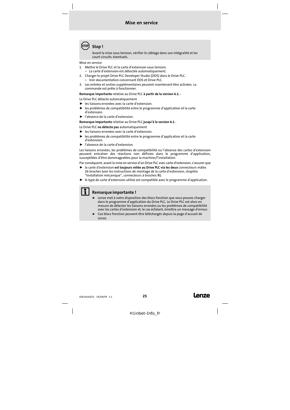 6 mise en service, Mise en service | Lenze EPZ-10202 User Manual | Page 25 / 26