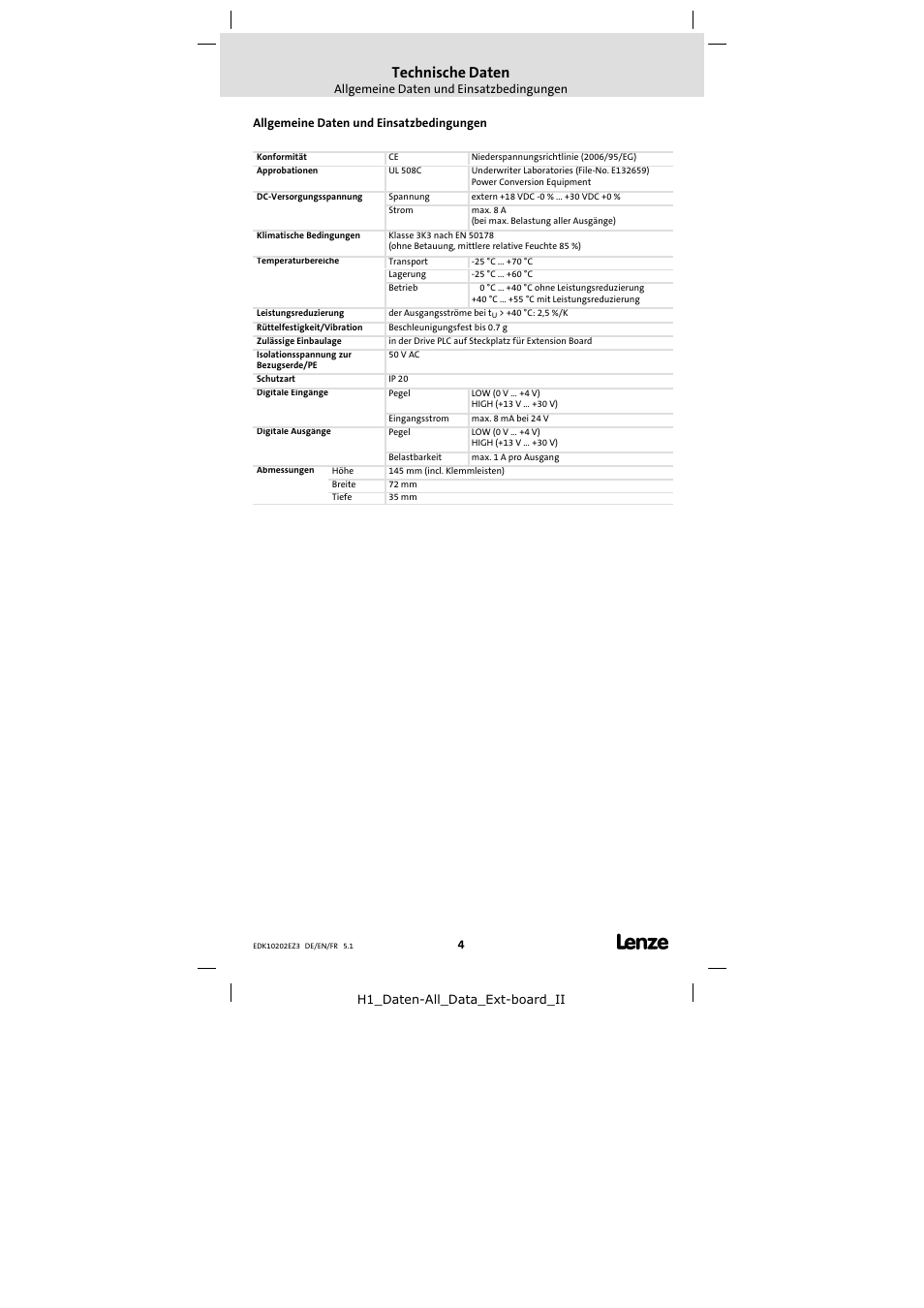 3 technische daten, Allgemeine daten und einsatzbedingungen, Technische daten | Lenze EPZ-10202 User Manual | Page 4 / 26