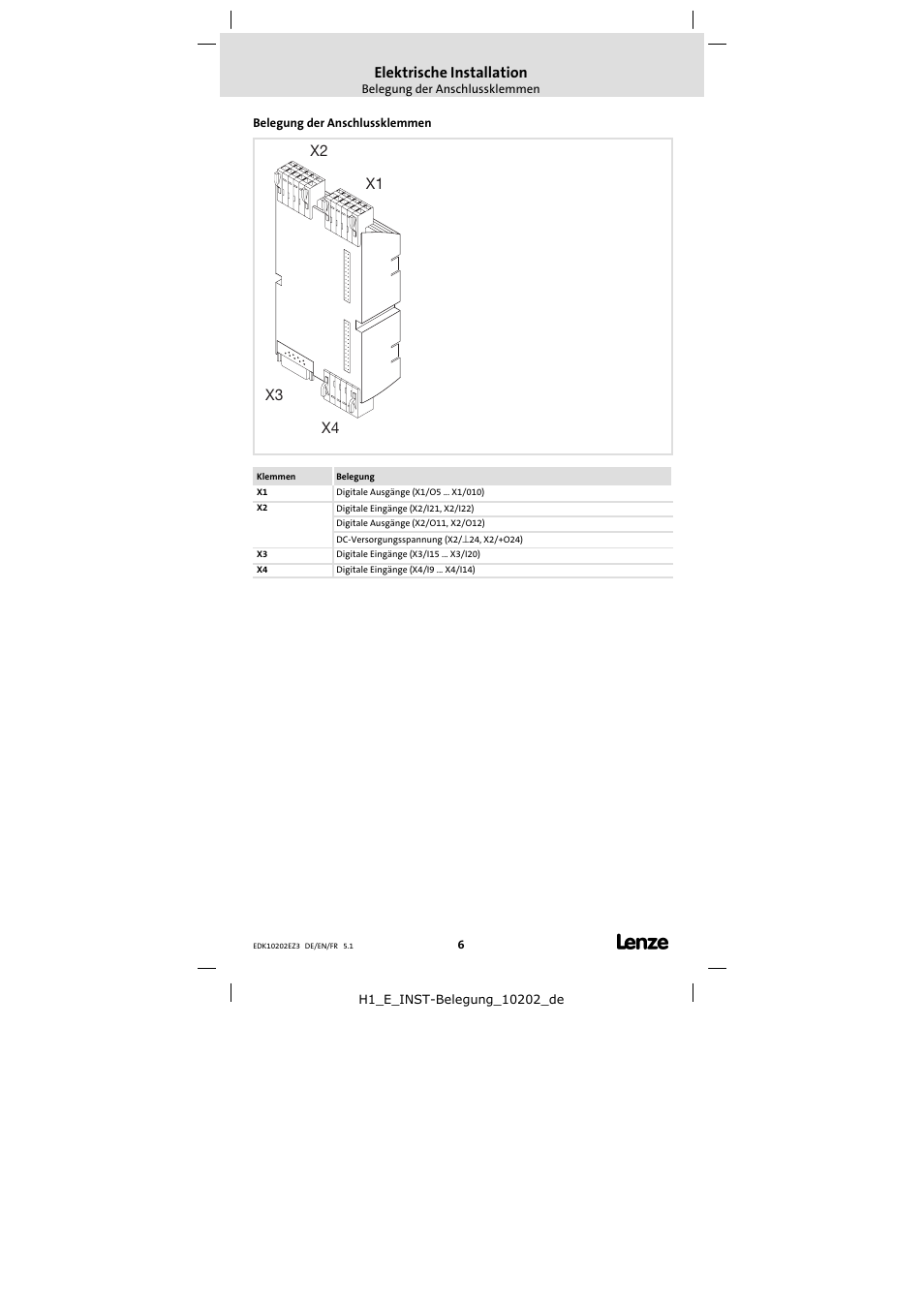 5 elektrische installation, Belegung der anschlussklemmen, Elektrische installation | X1 x2 x3 x4 | Lenze EPZ-10202 User Manual | Page 6 / 26