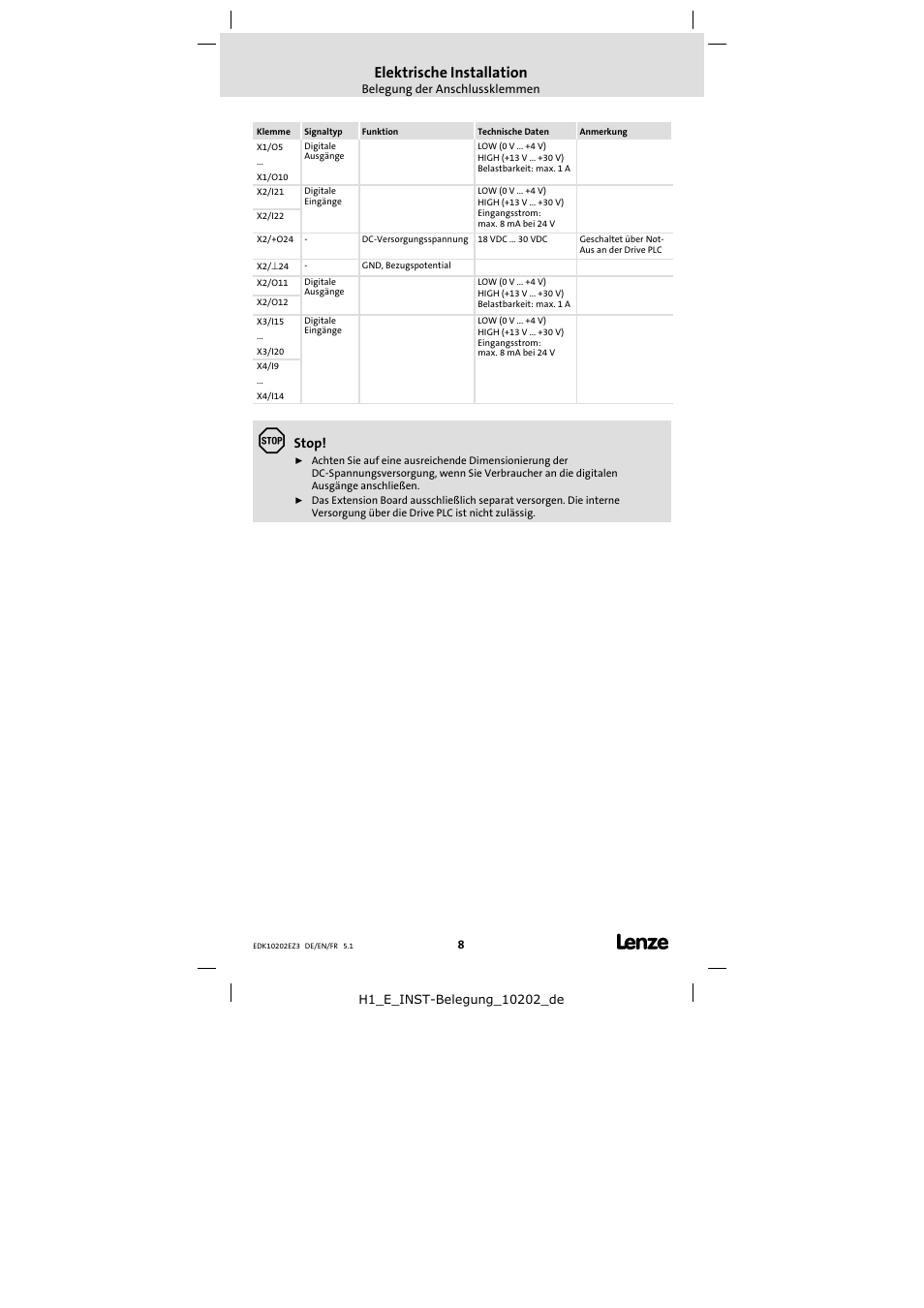 Elektrische installation, Stop | Lenze EPZ-10202 User Manual | Page 8 / 26