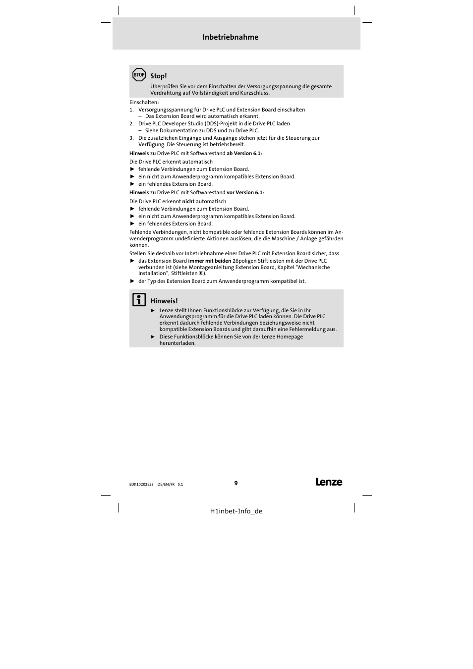 6 inbetriebnahme, Inbetriebnahme | Lenze EPZ-10202 User Manual | Page 9 / 26