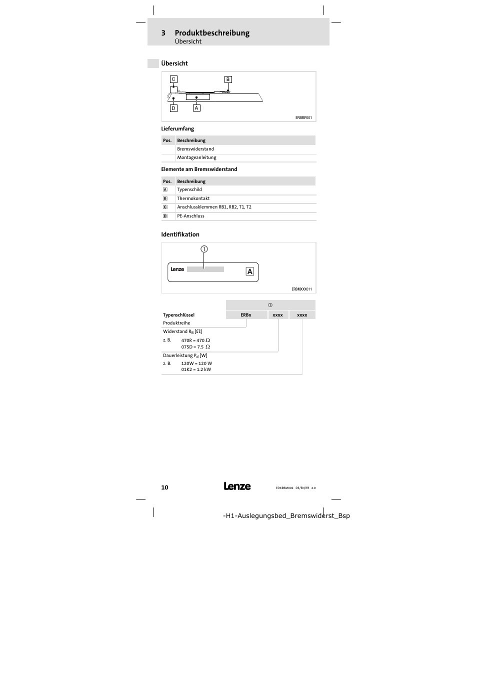 3 produktbeschreibung, Übersicht, Identifikation | Produktbeschreibung 10, 3produktbeschreibung | Lenze ERBM100R035W User Manual | Page 10 / 60