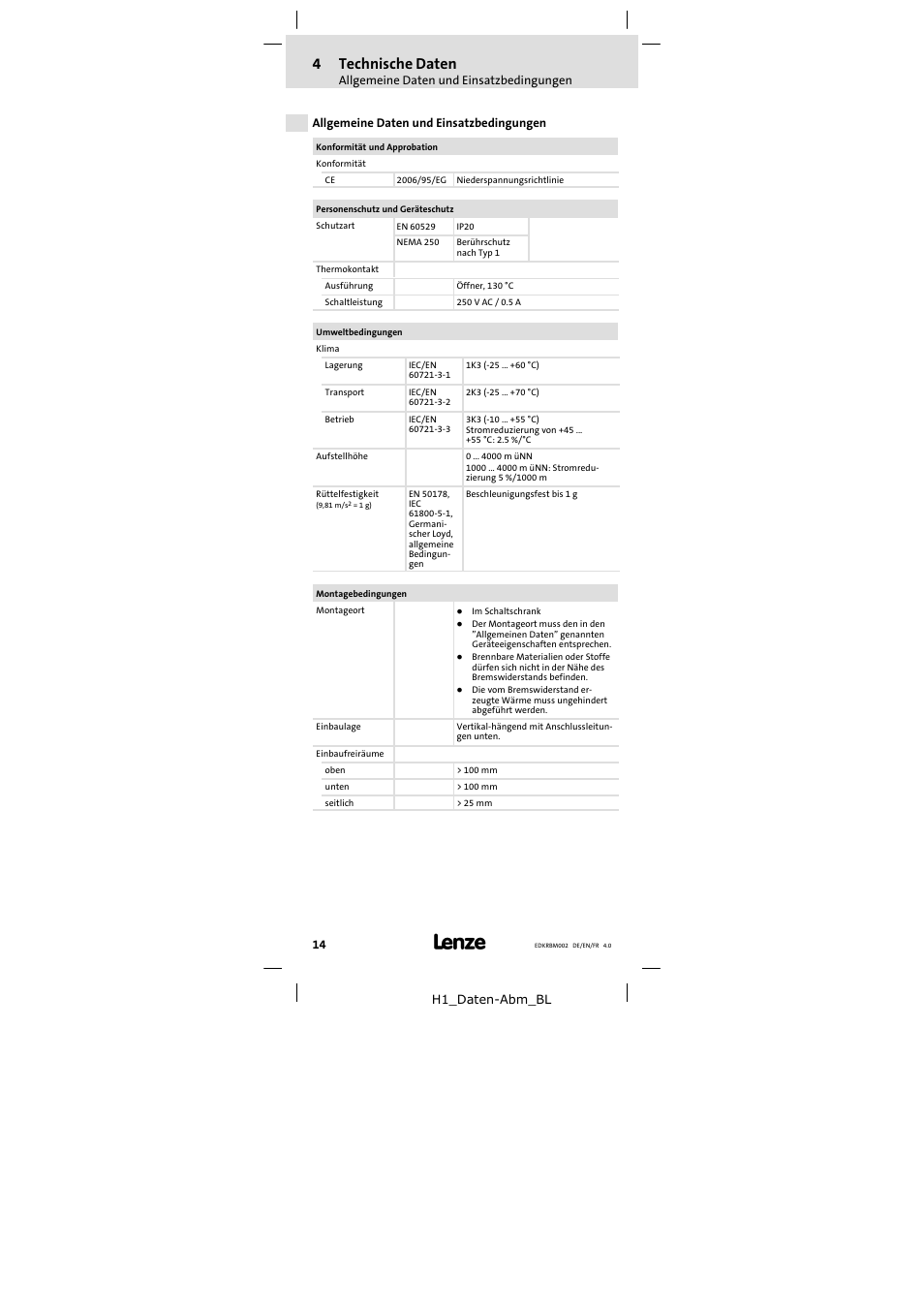 4 technische daten, Allgemeine daten und einsatzbedingungen, Technische daten | 4technische daten | Lenze ERBM100R035W User Manual | Page 14 / 60