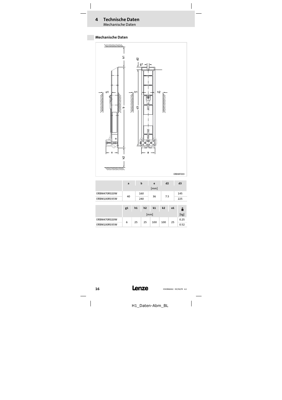 Mechanische daten, 4technische daten | Lenze ERBM100R035W User Manual | Page 16 / 60