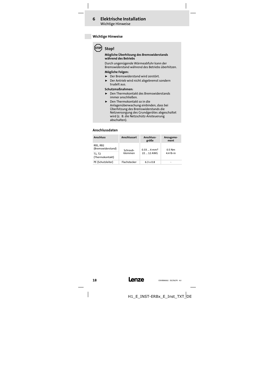 6 elektrische installation, Wichtige hinweise, Anschlussdaten | Elektrische installation, 6elektrische installation, Stop | Lenze ERBM100R035W User Manual | Page 18 / 60