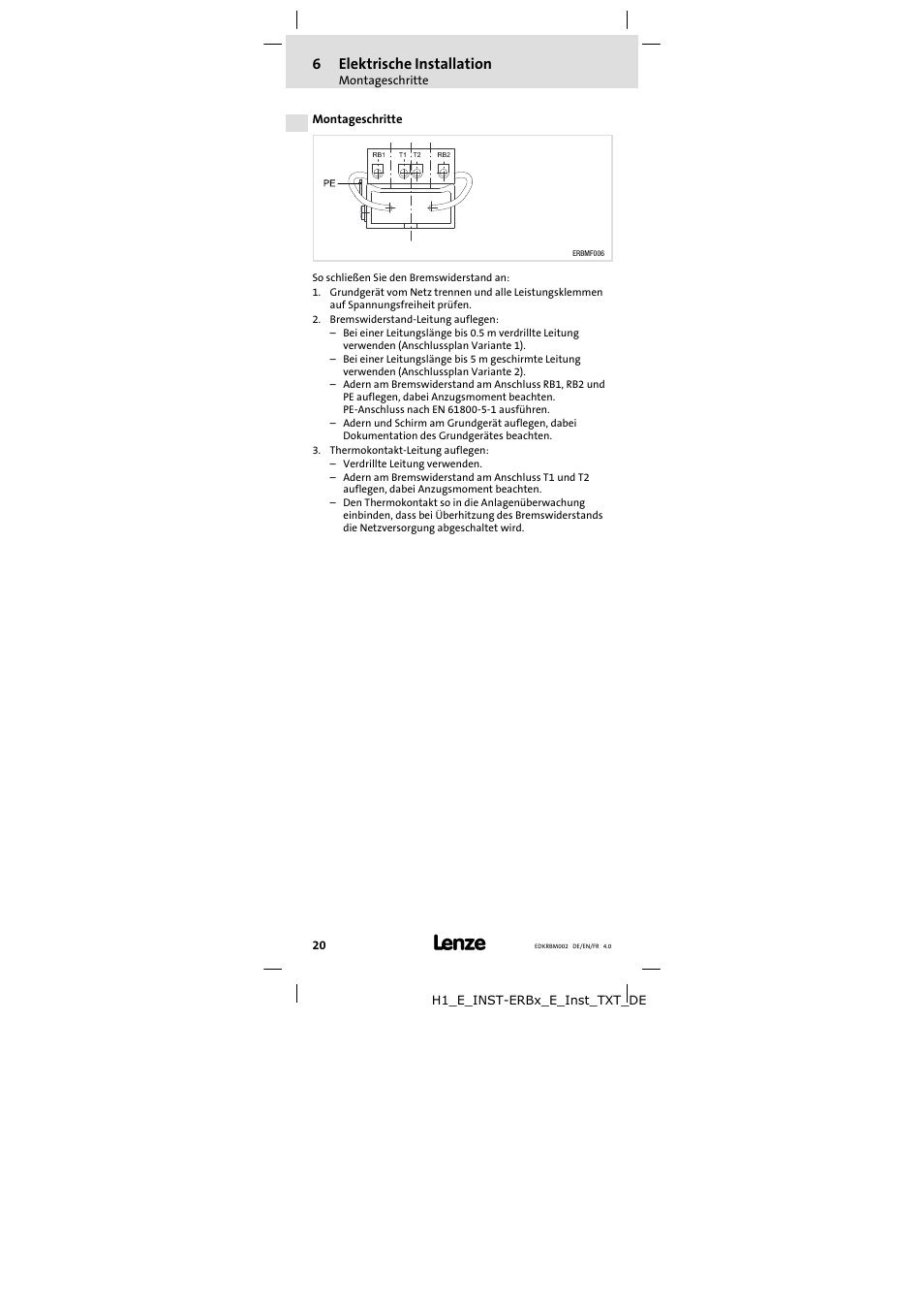 Montageschritte, 6elektrische installation | Lenze ERBM100R035W User Manual | Page 20 / 60