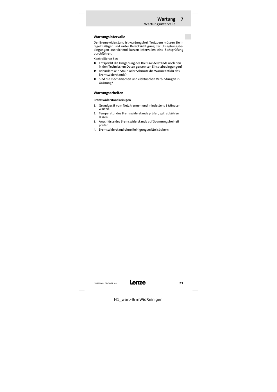 7 wartung, Wartungsintervalle, Wartungsarbeiten | Wartung, Wartungsarbeiten 21 | Lenze ERBM100R035W User Manual | Page 21 / 60