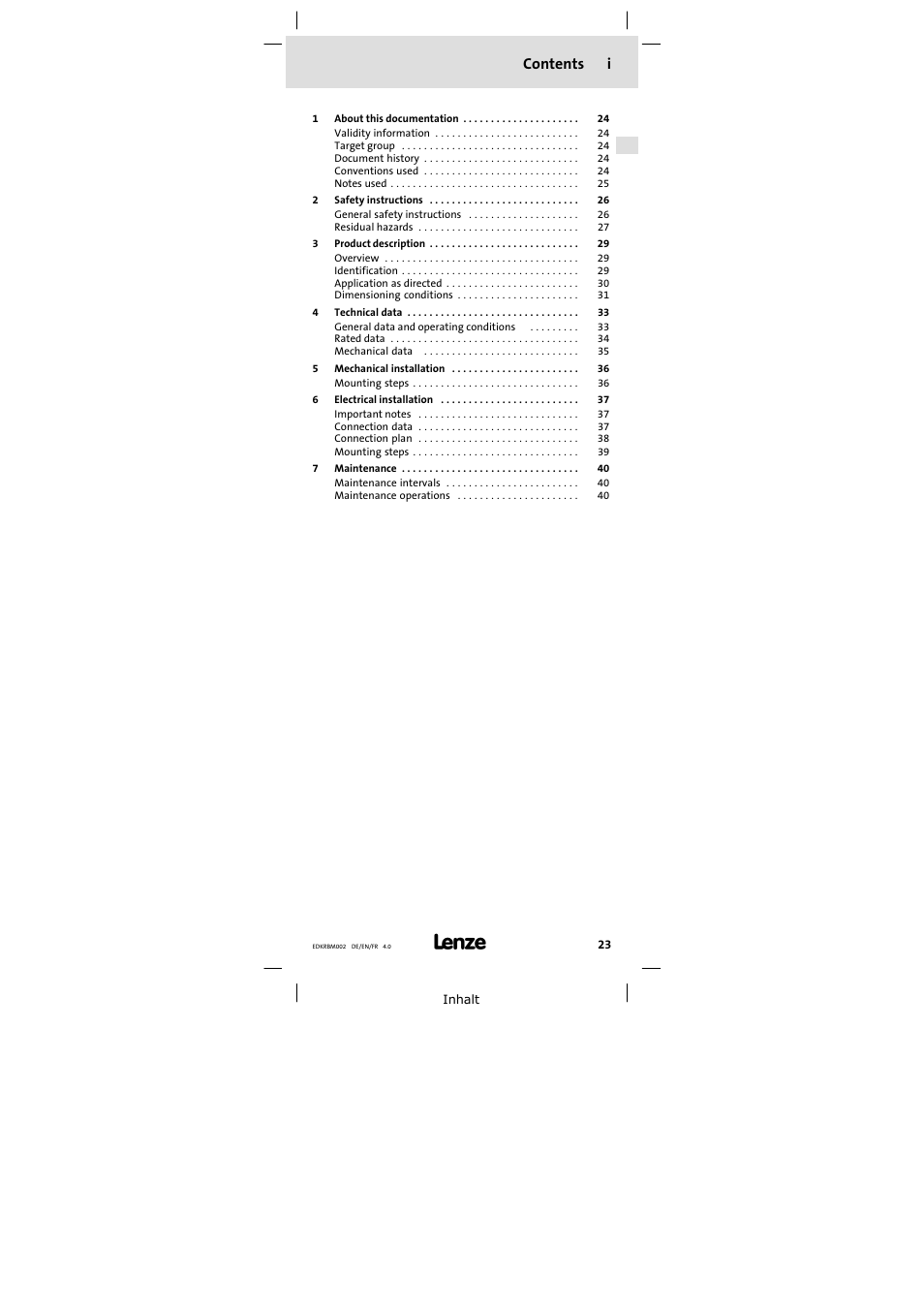 Contents i | Lenze ERBM100R035W User Manual | Page 23 / 60