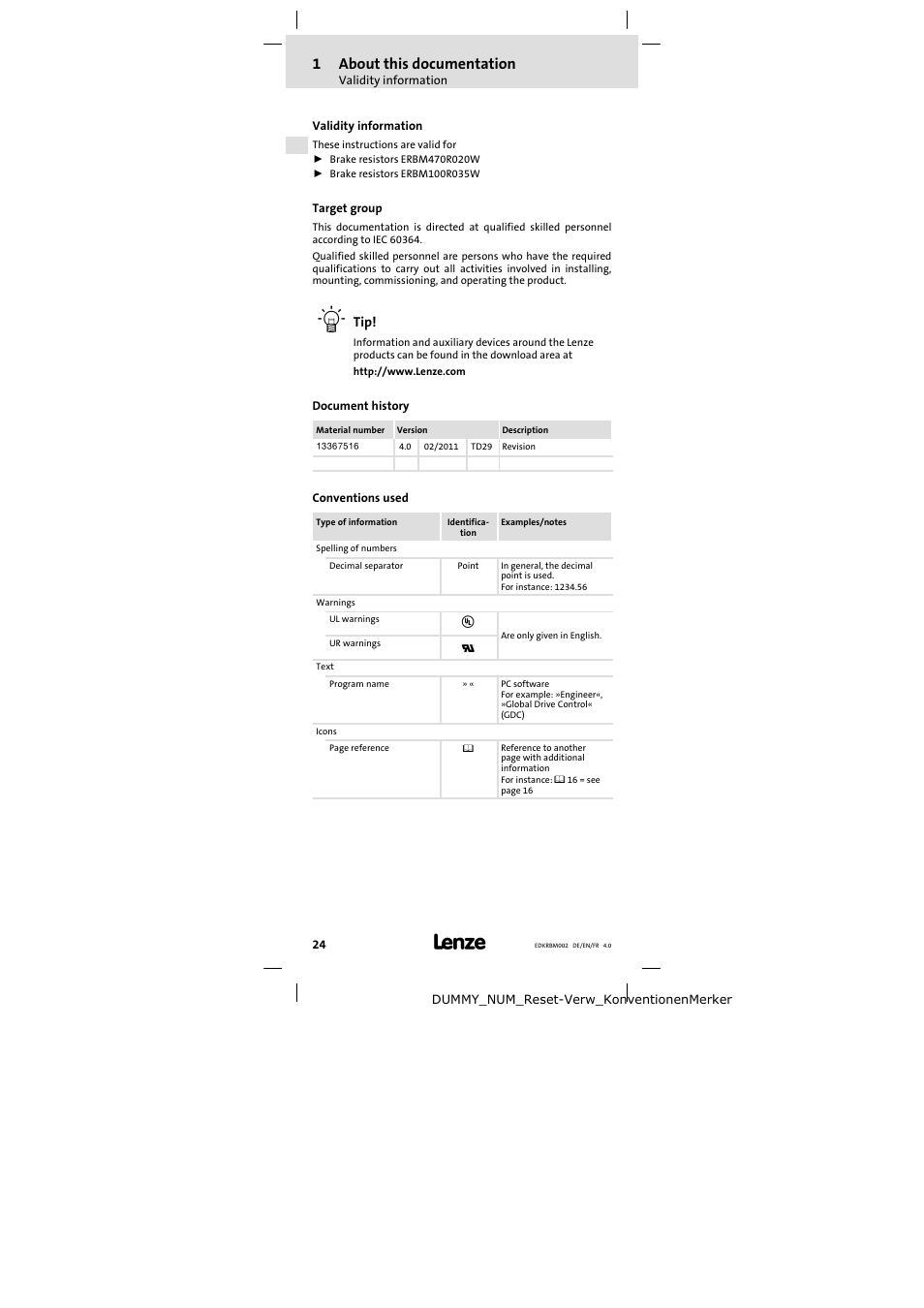 1 about this documentation, Validity information, Target group | Document history, Conventions used, About this documentation, 1about this documentation | Lenze ERBM100R035W User Manual | Page 24 / 60