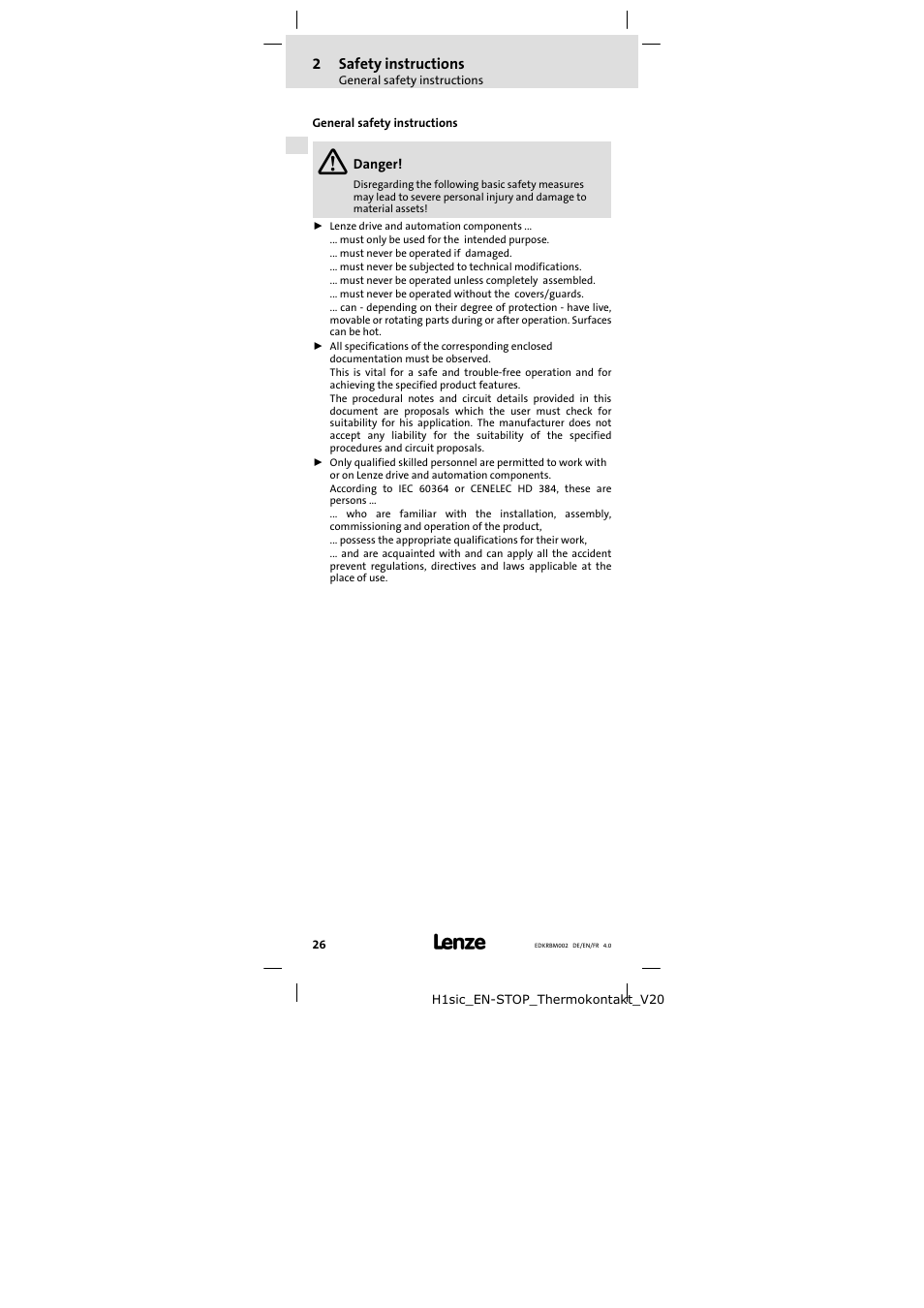 2 safety instructions, General safety instructions, Safety instructions | 2safety instructions | Lenze ERBM100R035W User Manual | Page 26 / 60