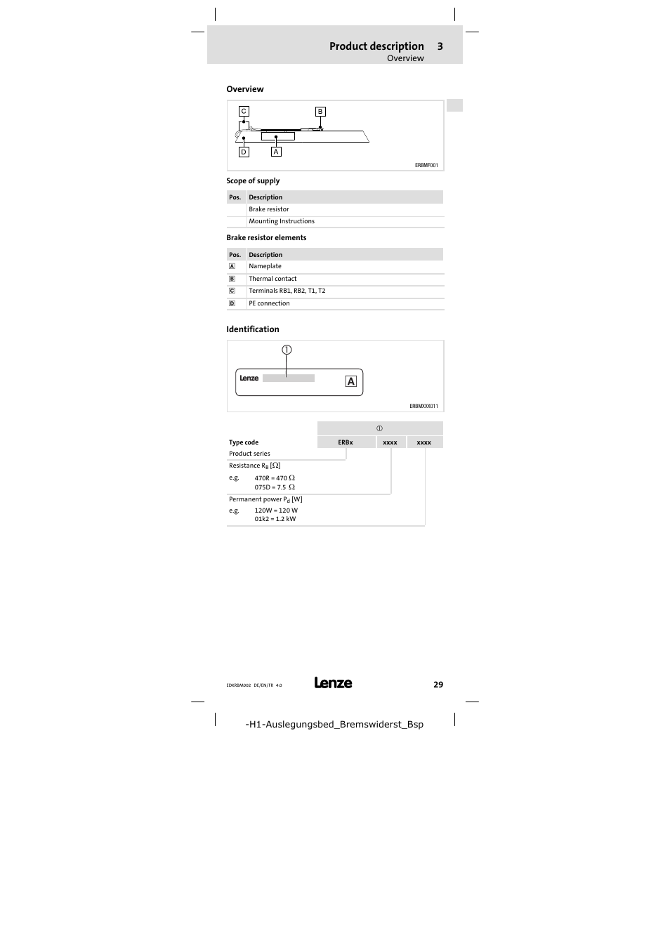 3 product description, Overview, Identification | Product description | Lenze ERBM100R035W User Manual | Page 29 / 60