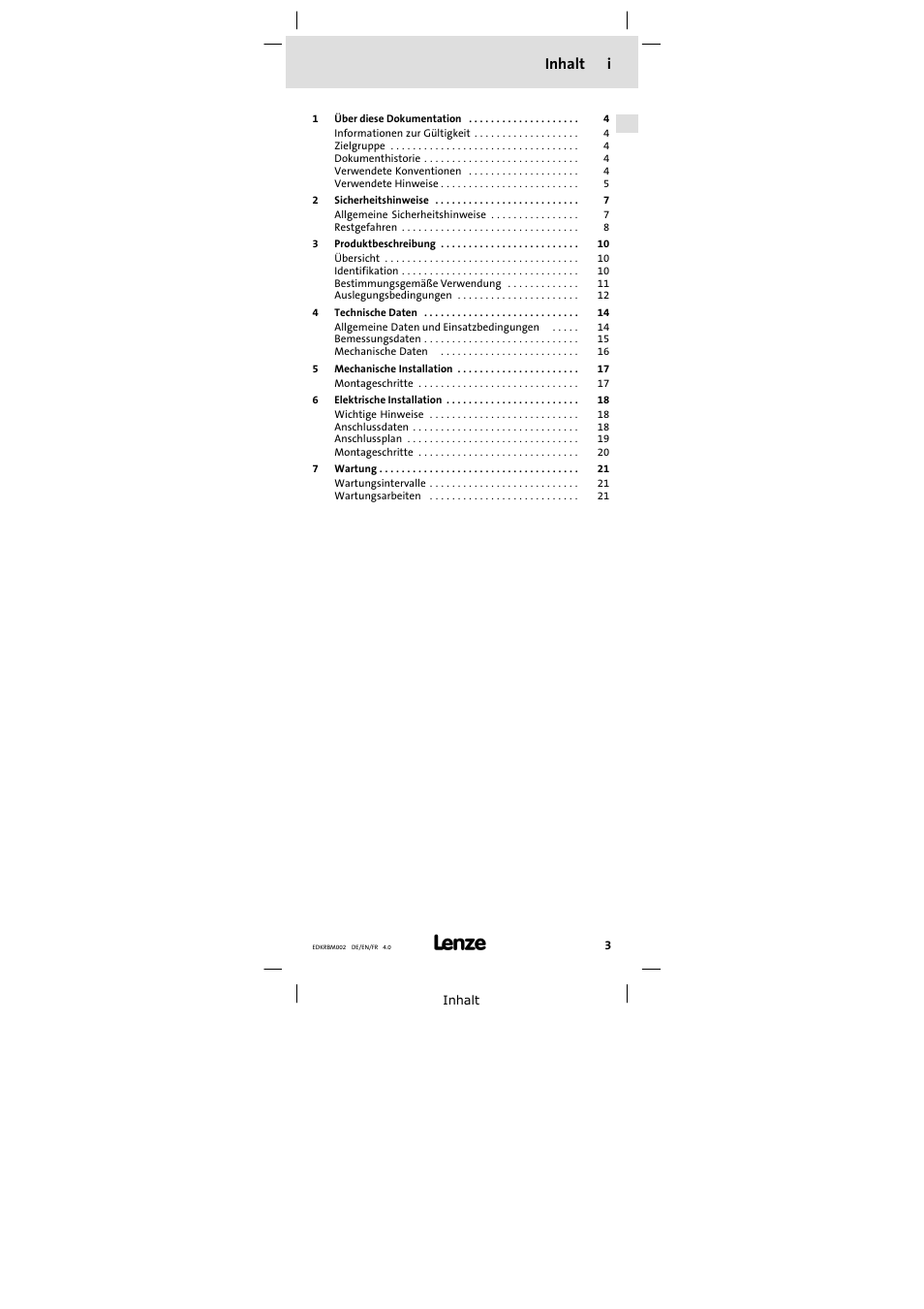 Inhalt i | Lenze ERBM100R035W User Manual | Page 3 / 60