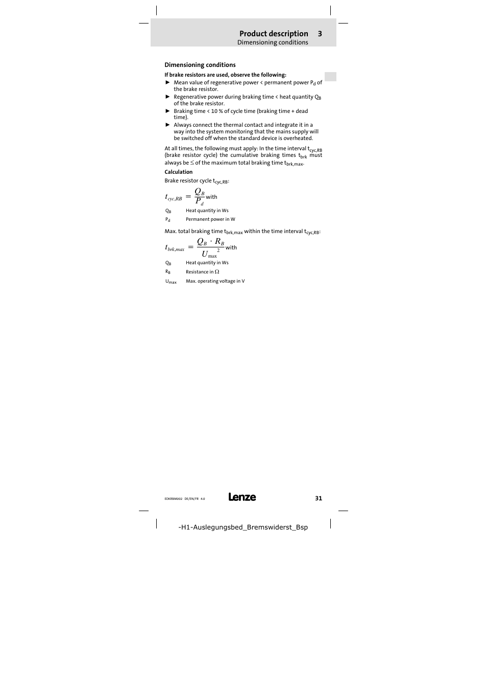 Dimensioning conditions, Product description | Lenze ERBM100R035W User Manual | Page 31 / 60