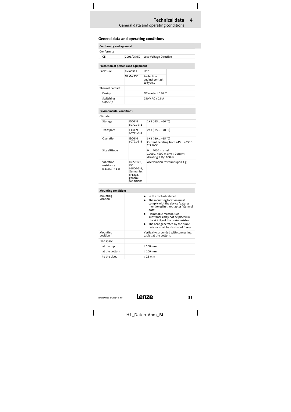 4 technical data, General data and operating conditions, Technical data | Lenze ERBM100R035W User Manual | Page 33 / 60