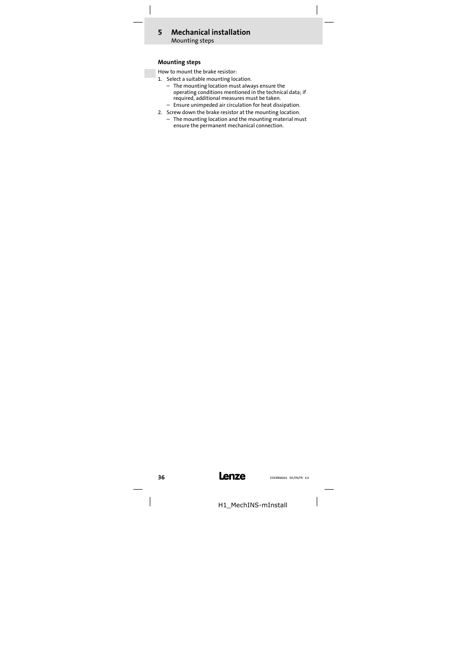 5 mechanical installation, Mounting steps, Mechanical installation | 5mechanical installation | Lenze ERBM100R035W User Manual | Page 36 / 60