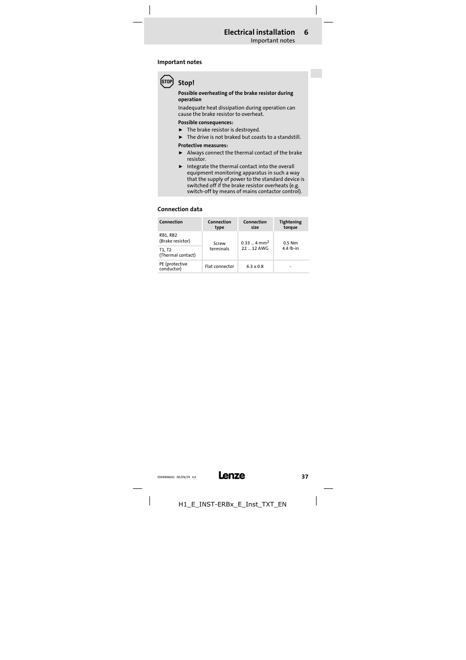 6 electrical installation, Important notes, Connection data | Electrical installation, Stop | Lenze ERBM100R035W User Manual | Page 37 / 60