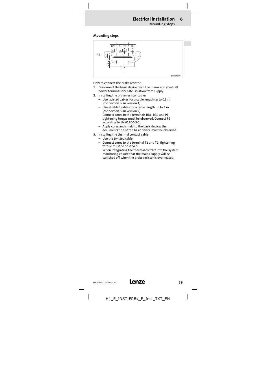 Mounting steps, Electrical installation | Lenze ERBM100R035W User Manual | Page 39 / 60