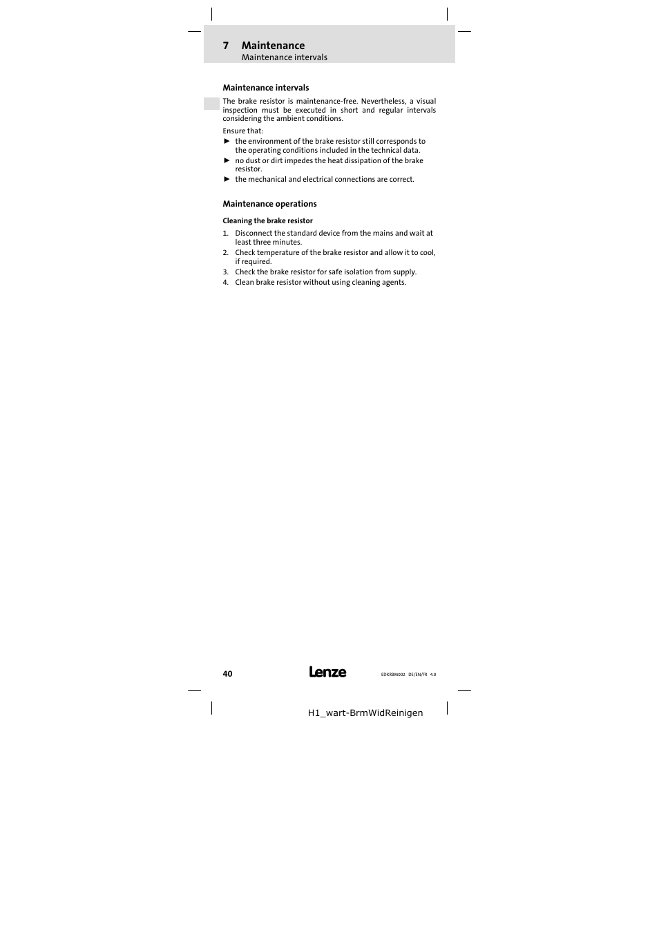 7 maintenance, Maintenance intervals, Maintenance operations | Maintenance, 7maintenance | Lenze ERBM100R035W User Manual | Page 40 / 60