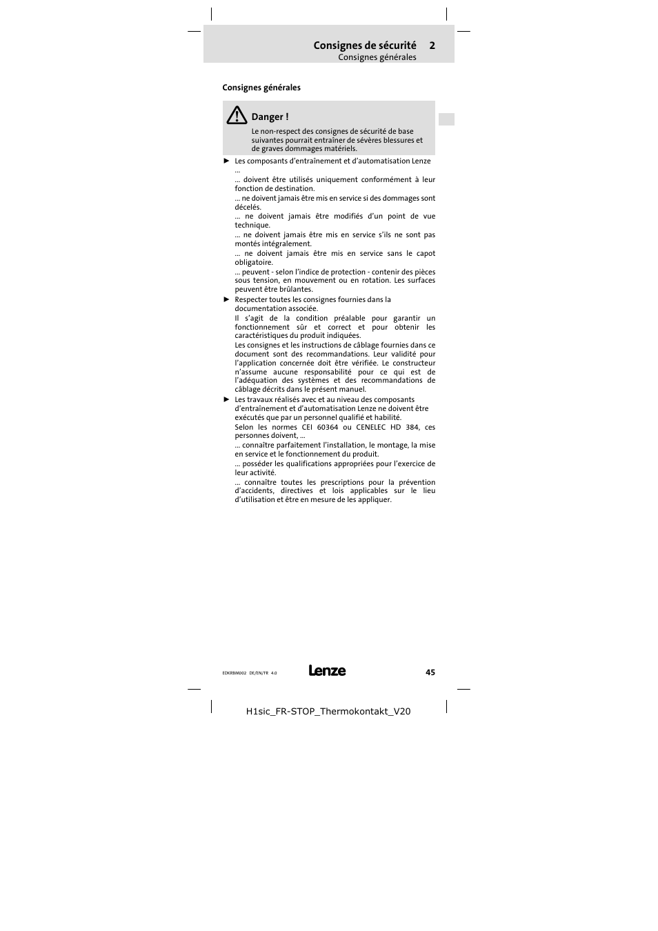 2 consignes de sécurité, Consignes générales, Consignes de sécurité | Lenze ERBM100R035W User Manual | Page 45 / 60