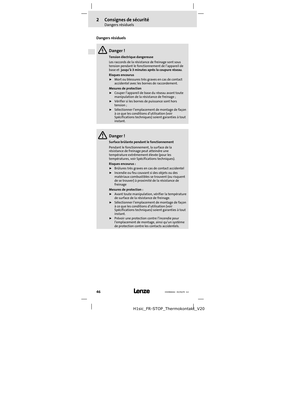 Dangers résiduels, 2consignes de sécurité | Lenze ERBM100R035W User Manual | Page 46 / 60