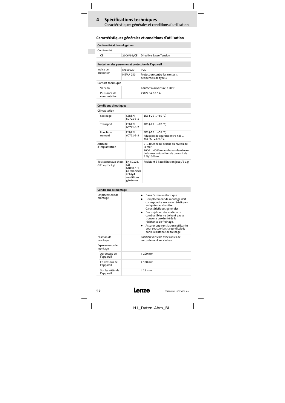 4 spécifications techniques, Spécifications techniques, 4spécifications techniques | Lenze ERBM100R035W User Manual | Page 52 / 60