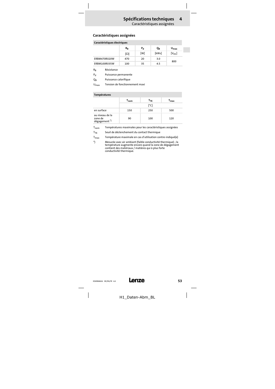 Caractéristiques assignées, Spécifications techniques | Lenze ERBM100R035W User Manual | Page 53 / 60