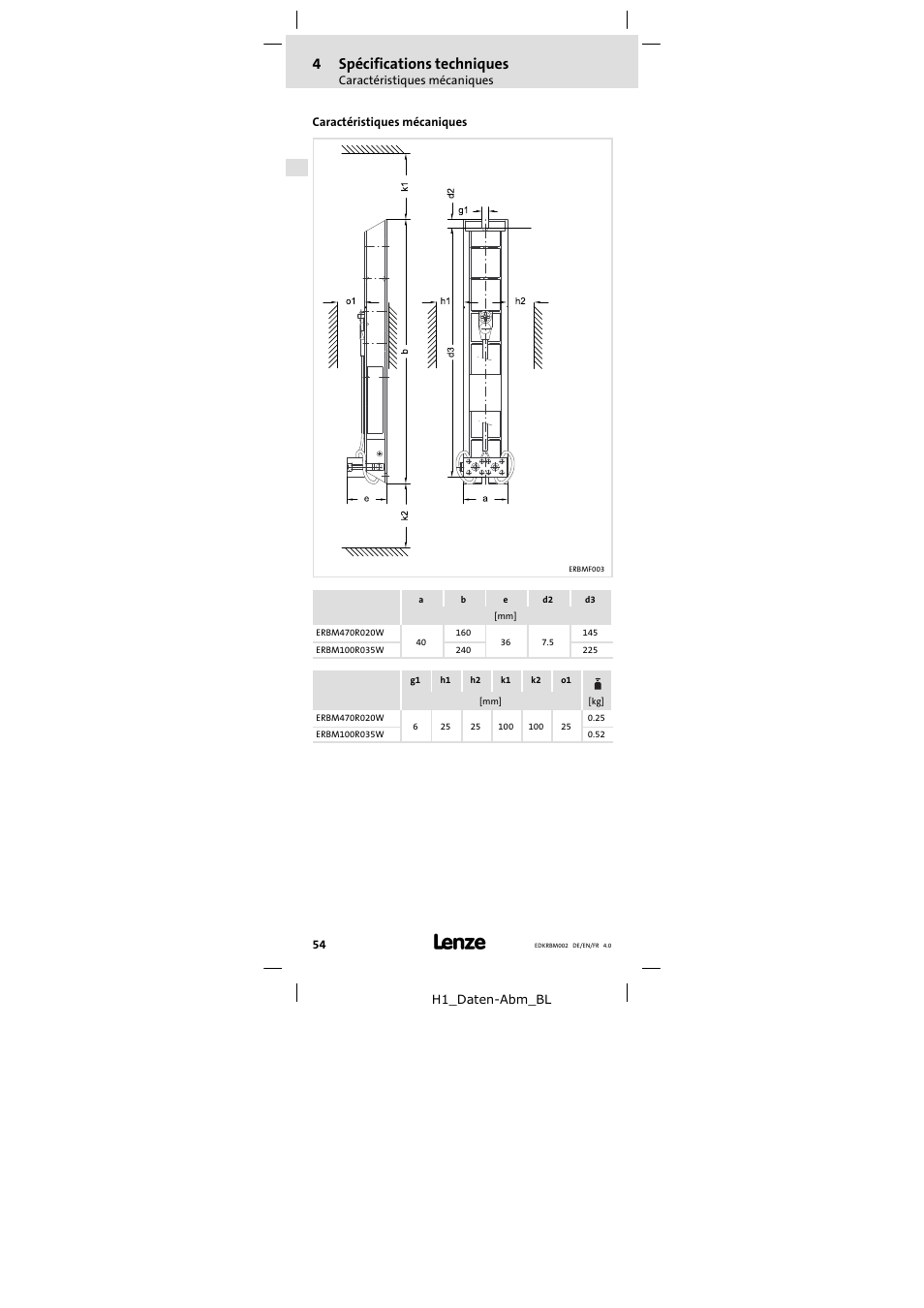 Caractéristiques mécaniques, 4spécifications techniques | Lenze ERBM100R035W User Manual | Page 54 / 60